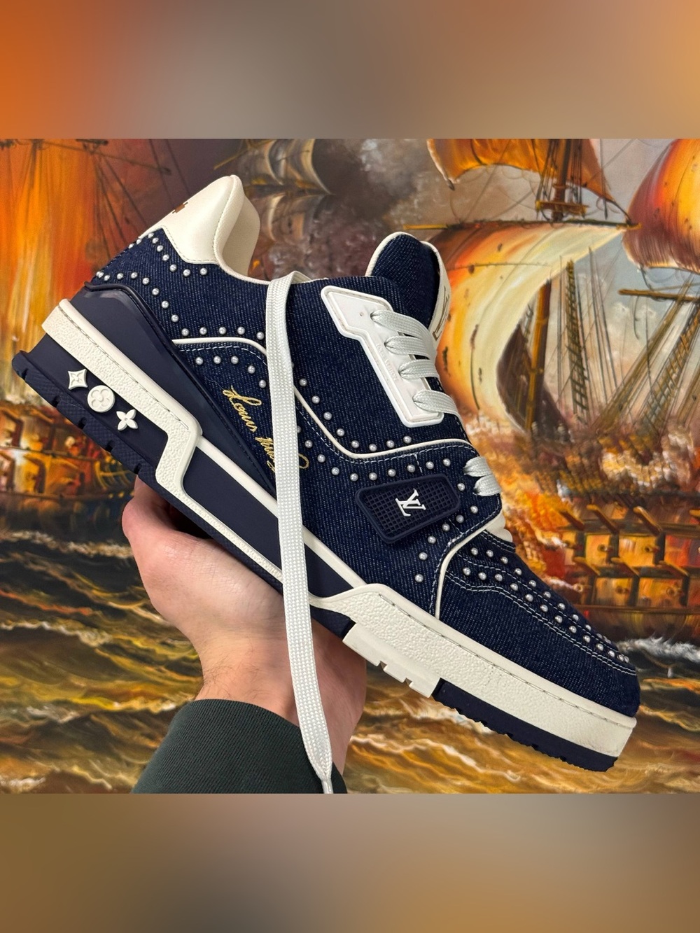 Louis Vuitton LV Trainer Sneaker 1AJ517 Swarovski™ pearls Indigo Blue SIZE 8.5 - Picture 9 of 14